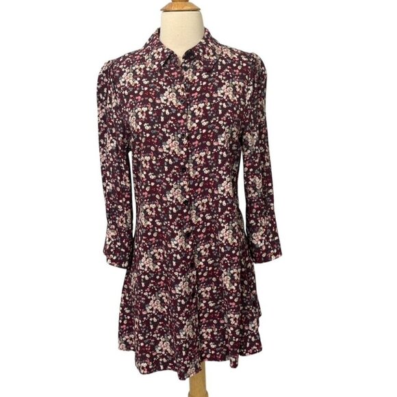 Natural Life Twiggy Mini Shirt Dress Burgundy Floral 3/4 Sleeve Boho EUC Size M - Picture 9 of 9